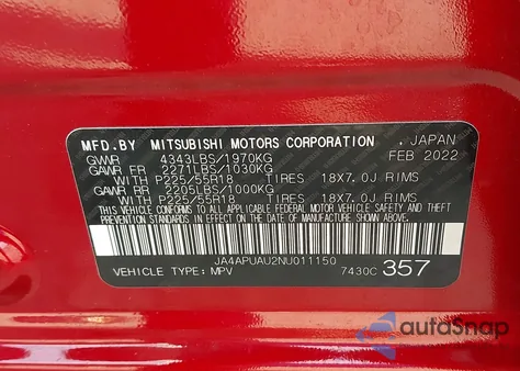 2022 Mitsubishi Outlander Sport 2.0 Be 2Wd/2.0 Es 2Wd/2.0 Le 2Wd/2.0 S 2Wd z USA, uszkodzony, nr VIN JA4APUAU2NU011150